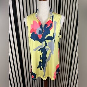 Simplicity Floral Zip-Up Golf Tank Top - Yellow and Pink, Sz L